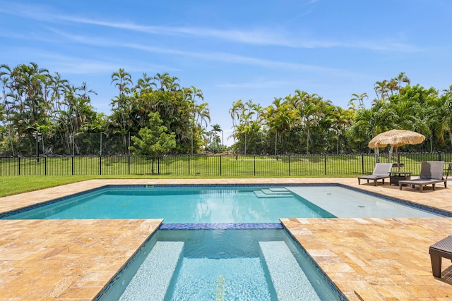 view of swimming pool featuring a patio area