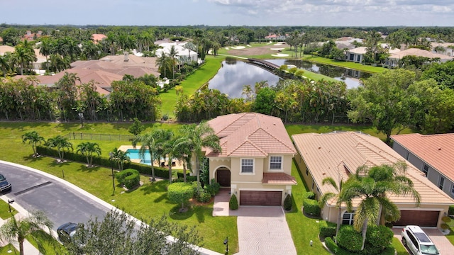 drone / aerial view featuring a water view