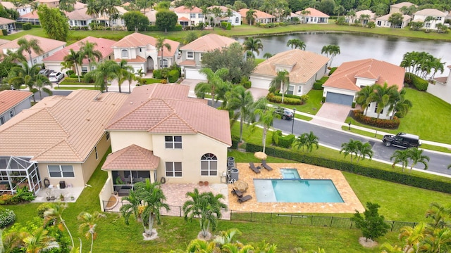 aerial view featuring a water view