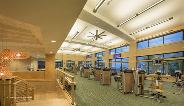 gym featuring a high ceiling, ceiling fan, and carpet