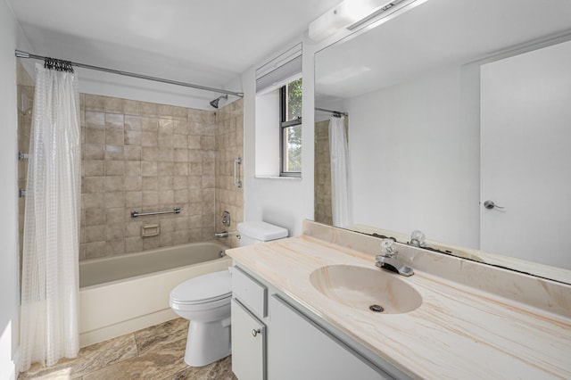 full bathroom with toilet, shower / bath combination with curtain, tile patterned floors, and vanity