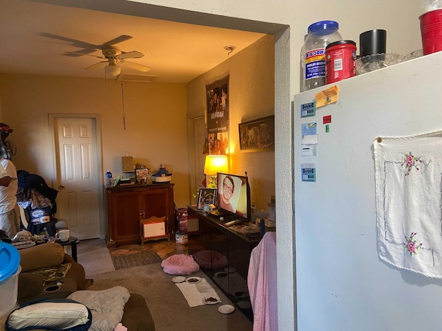 interior space featuring ceiling fan and carpet flooring