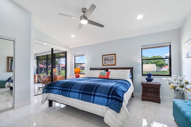 tiled bedroom with ceiling fan, multiple windows, access to outside, and lofted ceiling