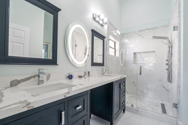 bathroom with tile patterned flooring, an enclosed shower, and dual vanity