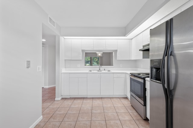 kitchen featuring light tile patterned floors, appliances with stainless steel finishes, sink, and white cabinets