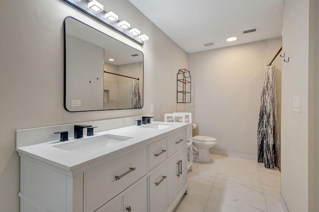 bathroom featuring vanity, a shower with shower curtain, and toilet