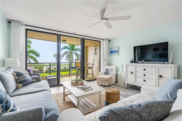 living room with ceiling fan and light wood-type flooring