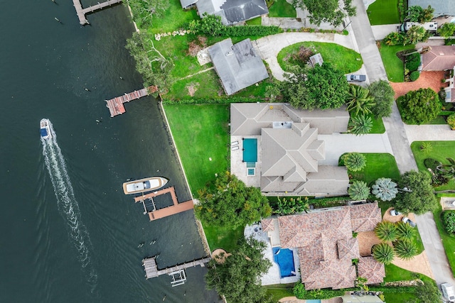 birds eye view of property featuring a water view