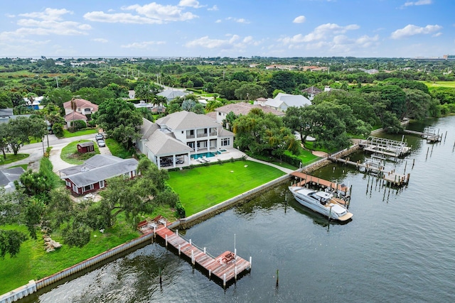 drone / aerial view featuring a water view