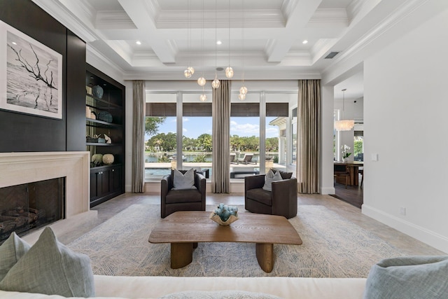 13209 Rolling Green Rd, North Palm Beach, FL 33408 - living area with crown molding, coffered ceiling, plenty of natural light, built in features, and beam ceiling