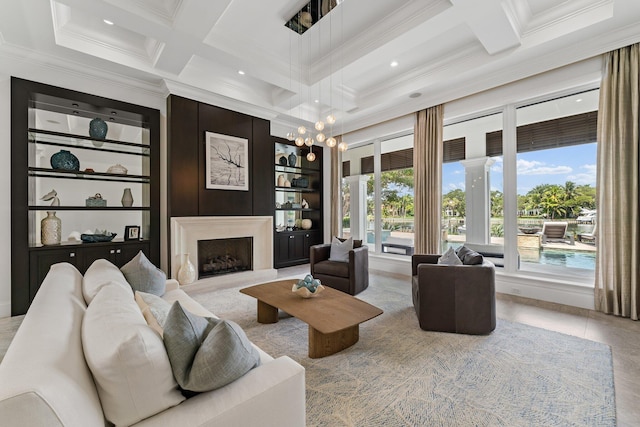 13209 Rolling Green Rd, North Palm Beach, FL 33408 - living room with coffered ceiling, ornamental molding, recessed lighting, a fireplace with raised hearth, and built in shelves