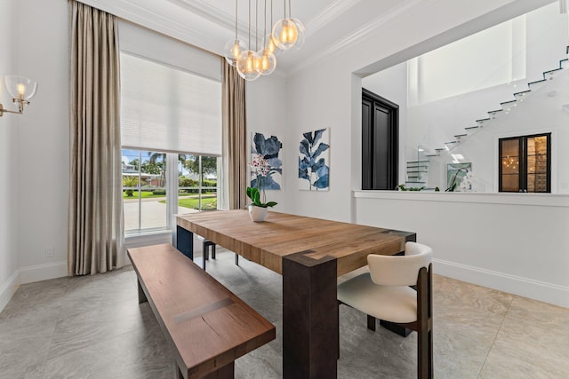 13209 Rolling Green Rd, North Palm Beach, FL 33408 - dining space featuring crown molding, a chandelier, stairs, and baseboards