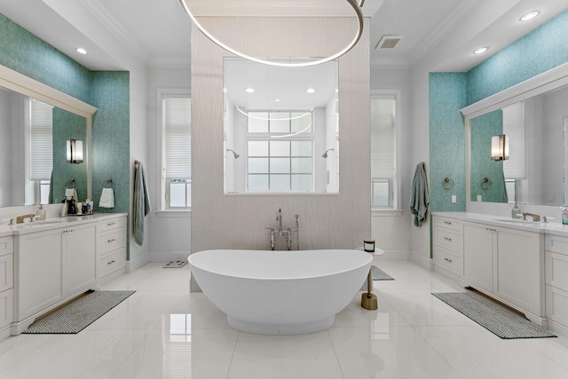 13209 Rolling Green Rd, North Palm Beach, FL 33408 - bathroom with ornamental molding, a soaking tub, two vanities, a walk in shower, and baseboards