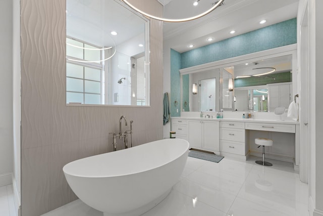 13209 Rolling Green Rd, North Palm Beach, FL 33408 - bathroom featuring a freestanding tub, walk in shower, vanity, plenty of natural light, and crown molding