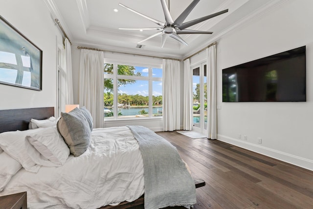 bedroom with dark hardwood / wood-style flooring, access to outside, ornamental molding, and ceiling fan