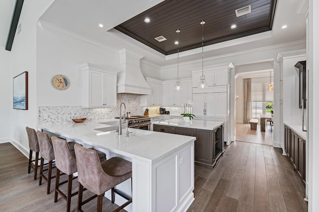 13209 Rolling Green Rd, North Palm Beach, FL 33408 - kitchen with a tray ceiling, custom exhaust hood, dark wood finished floors, a sink, and crown molding