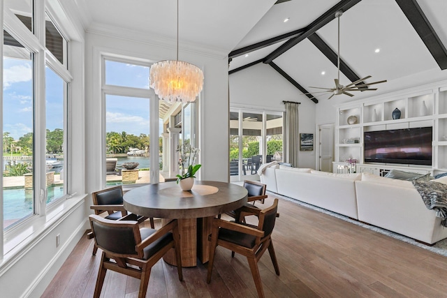 13209 Rolling Green Rd, North Palm Beach, FL 33408 - dining room with beamed ceiling, hardwood / wood-style floors, a chandelier, high vaulted ceiling, and recessed lighting