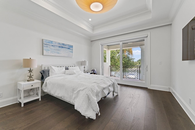 13209 Rolling Green Rd, North Palm Beach, FL 33408 - bedroom with a raised ceiling, access to exterior, crown molding, dark wood-style floors, and baseboards