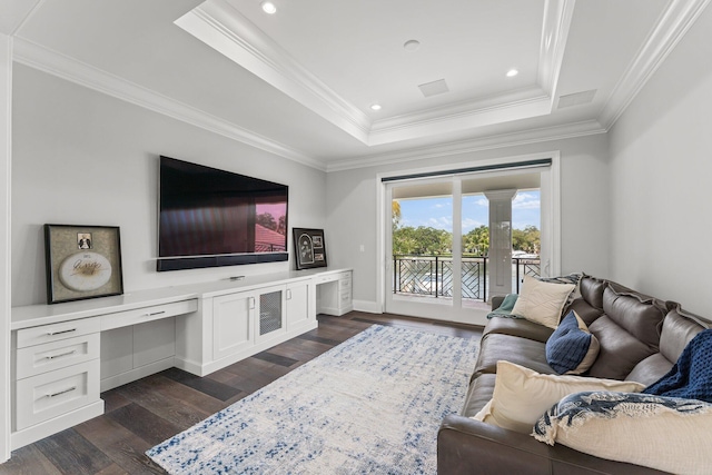 13209 Rolling Green Rd, North Palm Beach, FL 33408 - living area featuring a raised ceiling, dark wood-style flooring, crown molding, baseboards, and recessed lighting