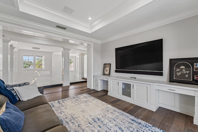 13209 Rolling Green Rd, North Palm Beach, FL 33408 - living room with decorative columns, dark wood finished floors, ornamental molding, a raised ceiling, and baseboards
