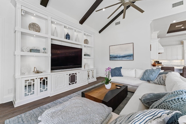 living room with beamed ceiling, dark hardwood / wood-style flooring, built in shelves, high vaulted ceiling, and ceiling fan