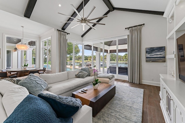 living room featuring beam ceiling, dark hardwood / wood-style flooring, high vaulted ceiling, ceiling fan with notable chandelier, and crown molding