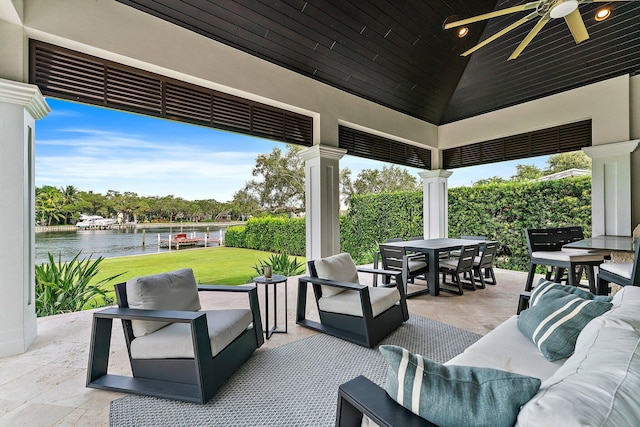 13209 Rolling Green Rd, North Palm Beach, FL 33408 - view of patio with outdoor lounge area, outdoor dining area, a water view, and ceiling fan