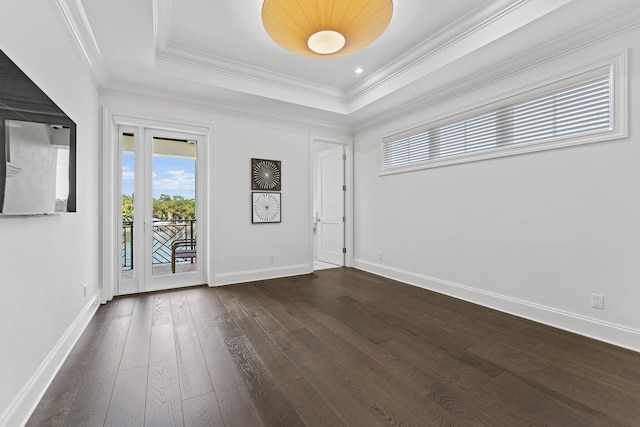 spare room featuring crown molding, a raised ceiling, and dark hardwood / wood-style flooring