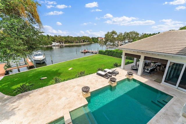 view of pool with a gazebo, a water view, a dock, a patio, and a lawn