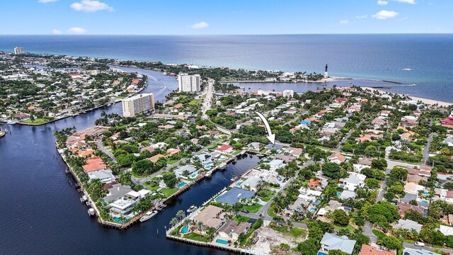 drone / aerial view with a water view