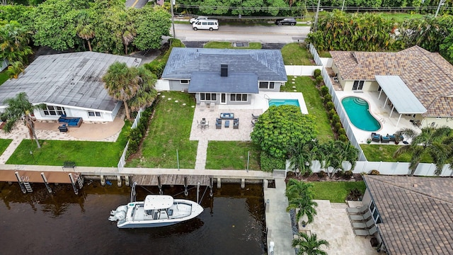 bird's eye view with a water view