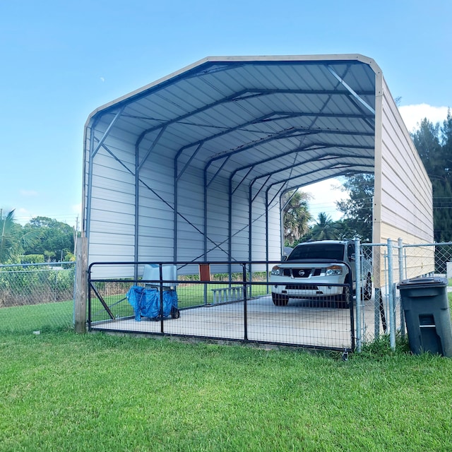 view of car parking with a lawn and a carport