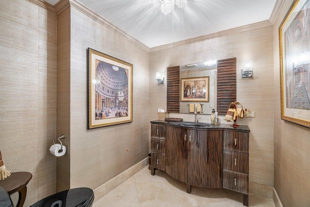 bathroom featuring crown molding, vanity, and tile patterned floors