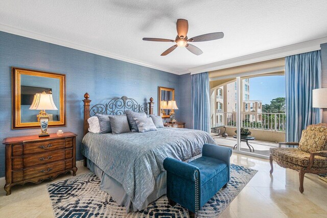 bedroom with tile patterned floors, crown molding, access to exterior, and ceiling fan