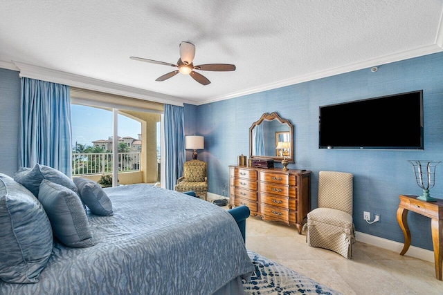 bedroom featuring ceiling fan, ornamental molding, access to exterior, light tile patterned floors, and a textured ceiling