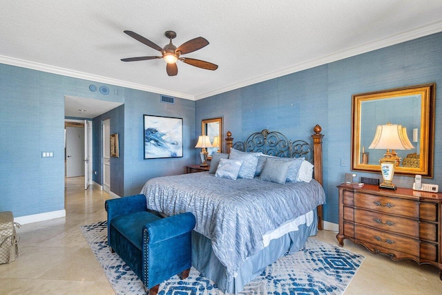 bedroom featuring ceiling fan, ornamental molding, a textured ceiling, and tile patterned floors