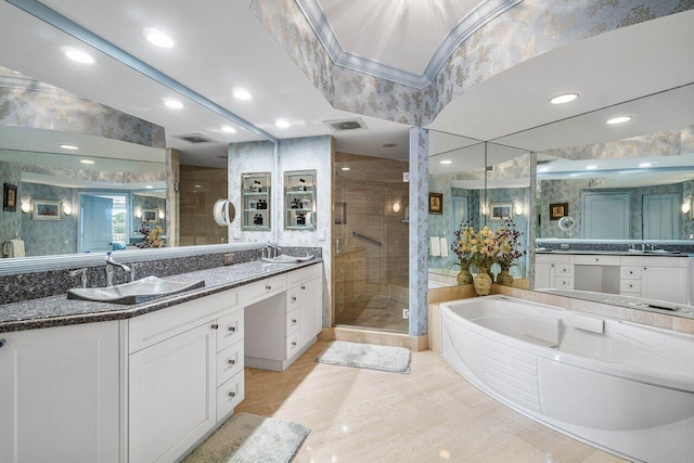 bathroom featuring separate shower and tub, tile patterned floors, and vanity