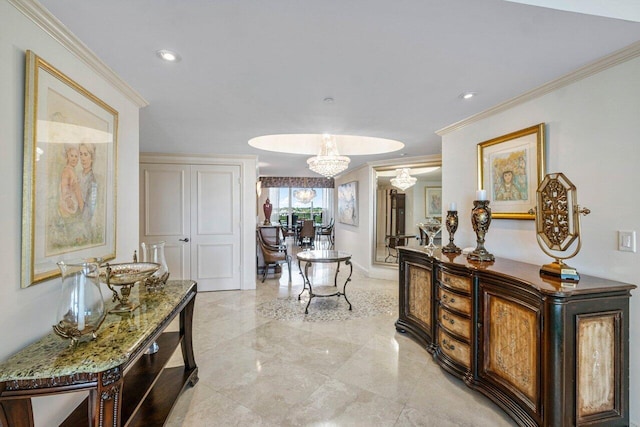 hall featuring crown molding and light tile patterned floors