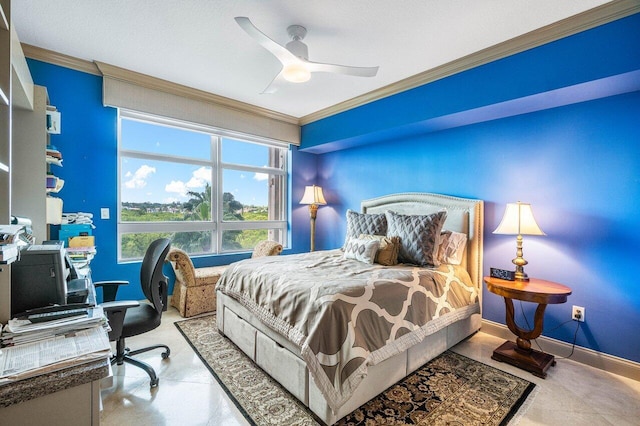 tiled bedroom with ceiling fan and ornamental molding