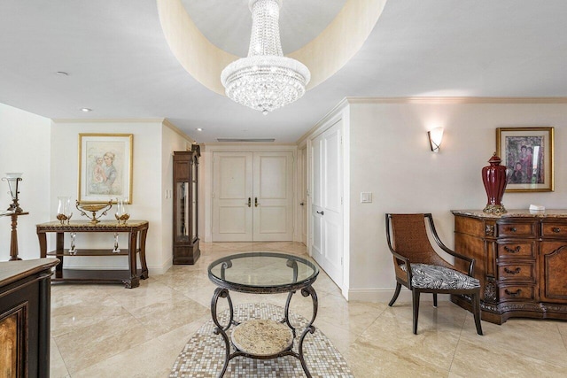 interior space with a notable chandelier and crown molding