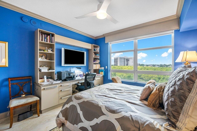 bedroom with ceiling fan, light carpet, and crown molding