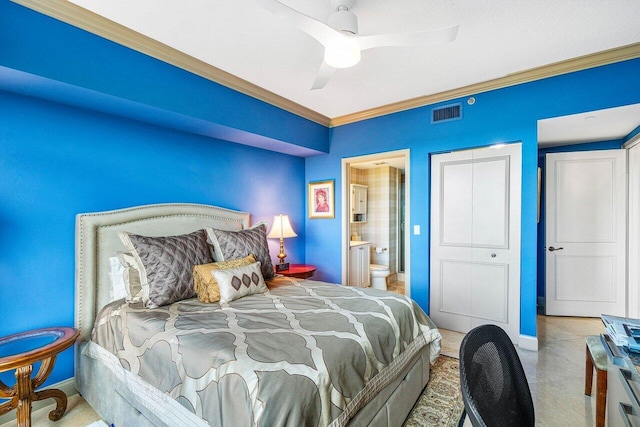 tiled bedroom featuring ceiling fan, crown molding, a closet, and ensuite bath