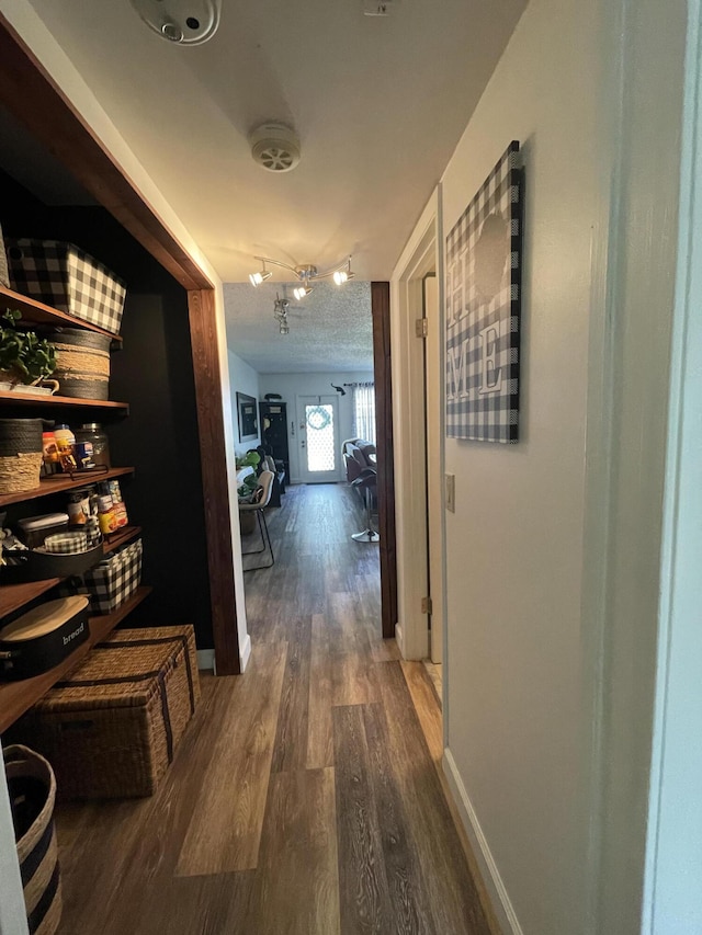 corridor with dark hardwood / wood-style floors and rail lighting