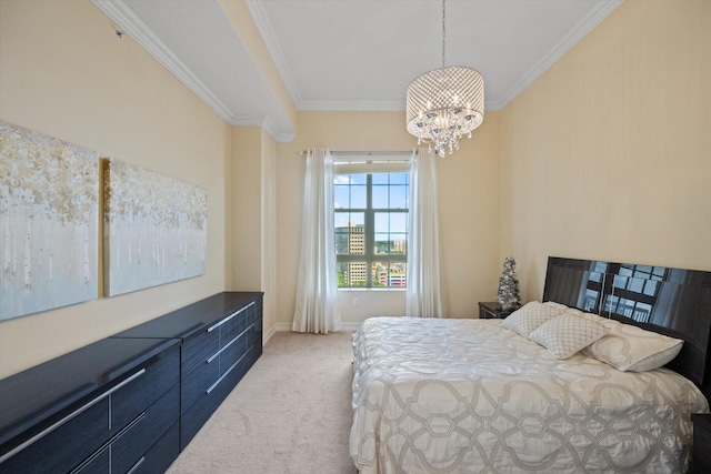 carpeted bedroom with an inviting chandelier and ornamental molding