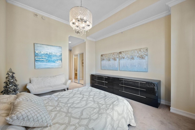 bedroom featuring light colored carpet, a chandelier, and ornamental molding