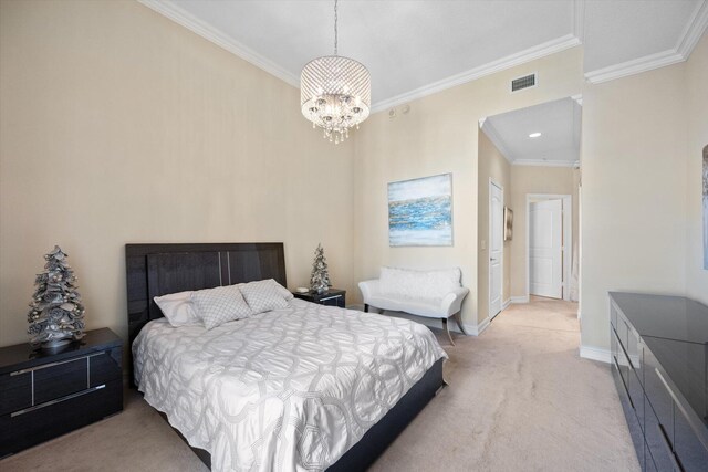 carpeted bedroom with a notable chandelier and ornamental molding