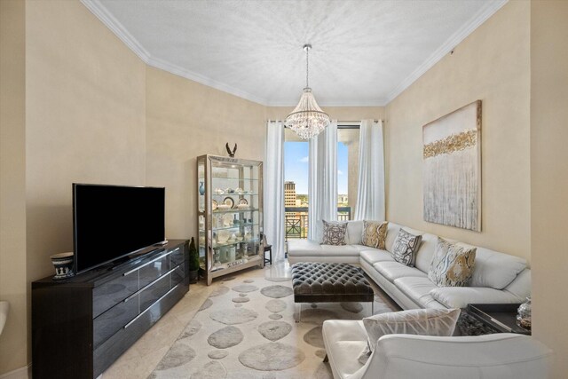 living room featuring a notable chandelier and ornamental molding