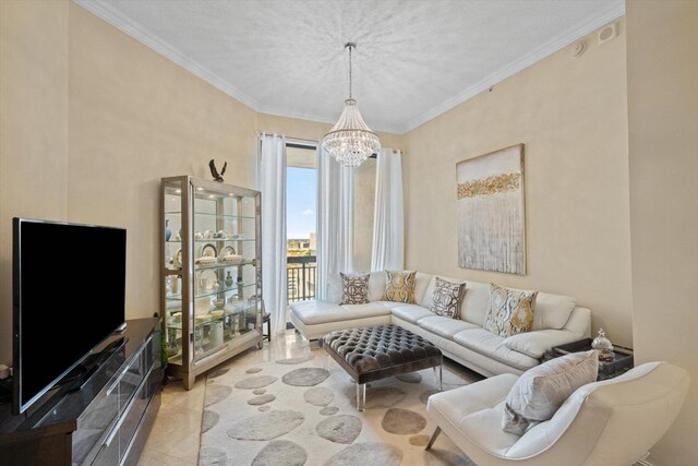 tiled living room featuring crown molding, an inviting chandelier, and a textured ceiling