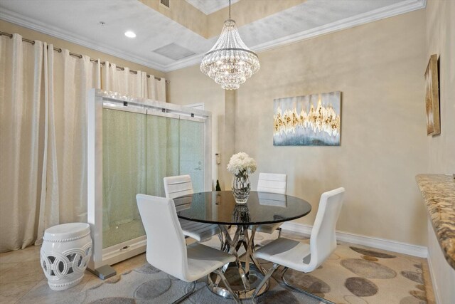 tiled dining room featuring crown molding and an inviting chandelier