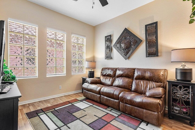 living room with ceiling fan and light hardwood / wood-style flooring